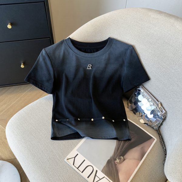 Gradient slim T-shirt short sleeve retro tops for women